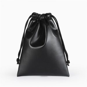 black faux leather drawstring bag