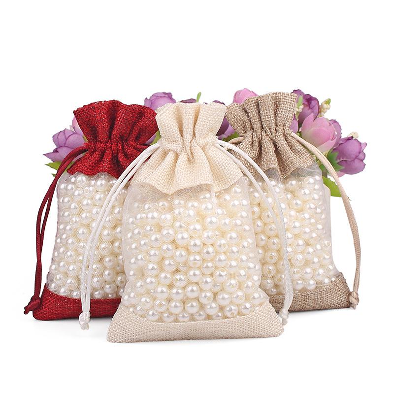 Linen Burlap & Sheer Organza Gift Bag with Drawstring
